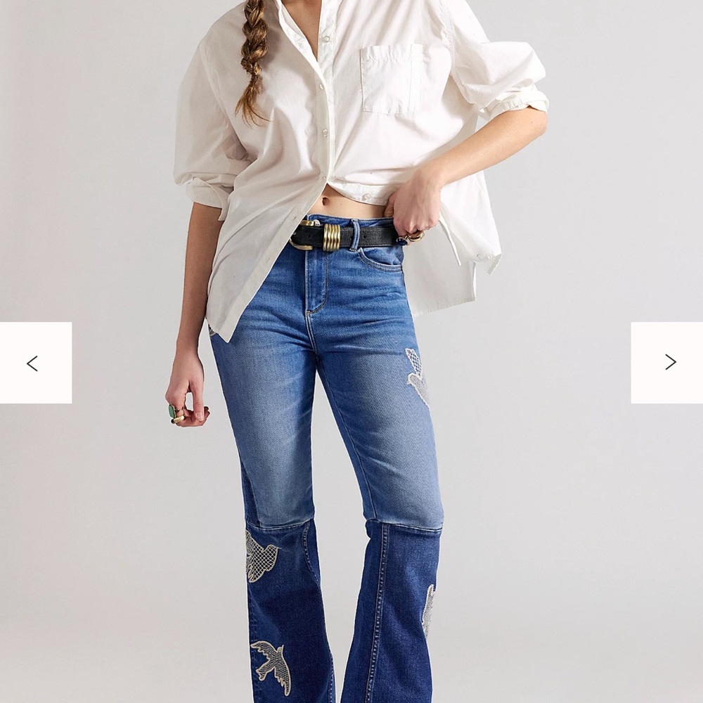 NWT DRIFTWOOD Benita Flare Jeans with Dove Embroidery